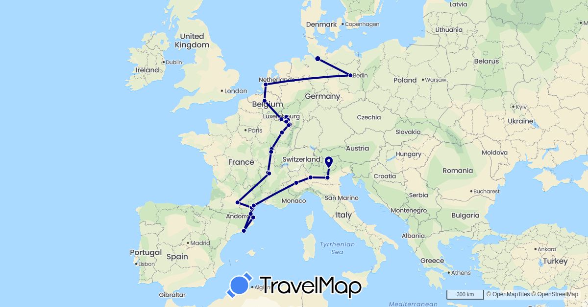 TravelMap itinerary: driving in Belgium, Germany, Spain, France, Italy, Luxembourg, Netherlands (Europe)